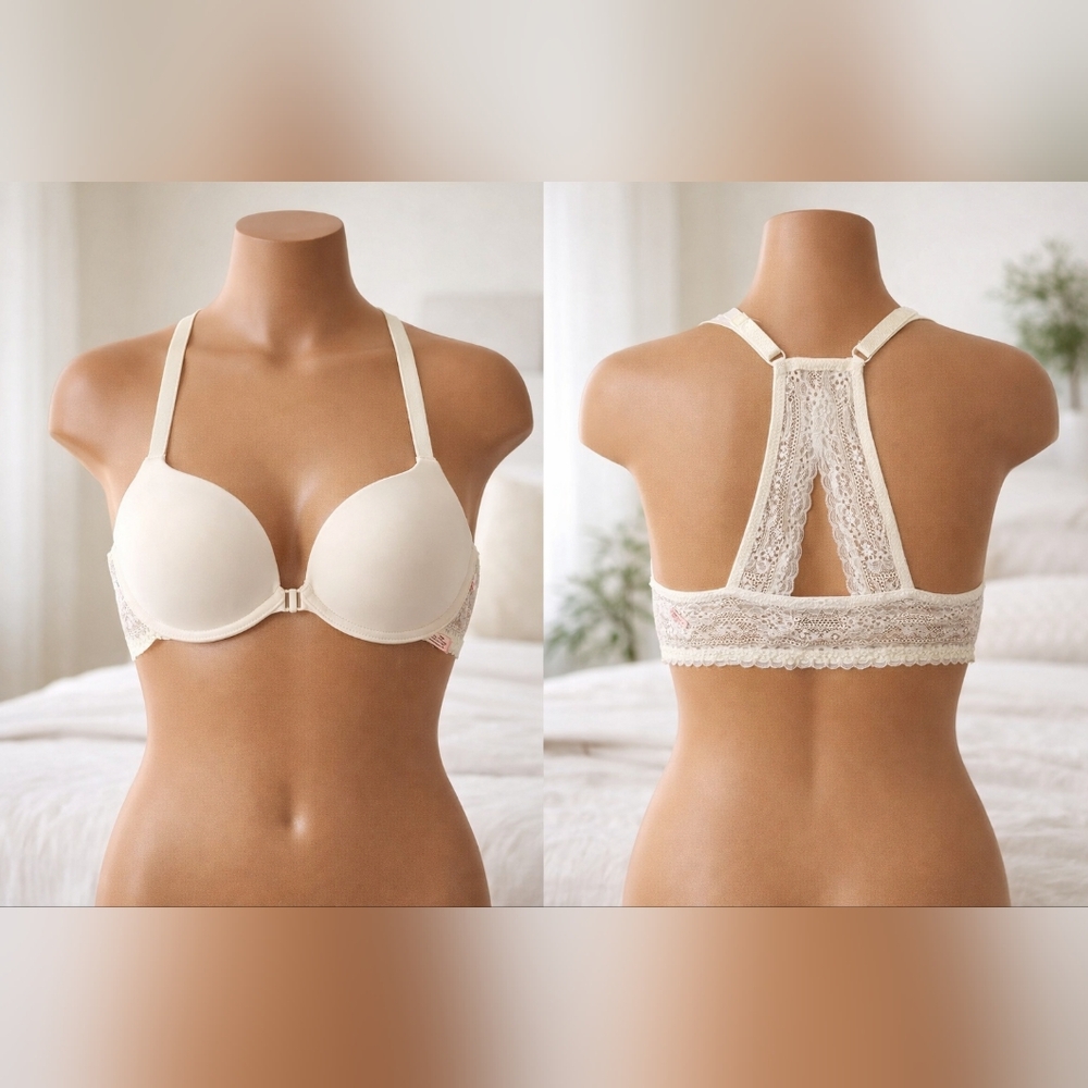 34B Ivory Lace Plunge Push Up‎ Bra Racerback Front Closure NWT